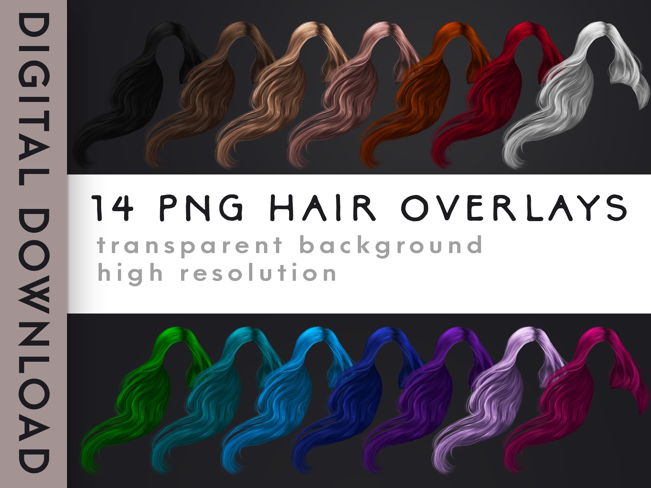 Digital Hair Overlays Instant Download of Wavy Hairstyles, 14 PNG