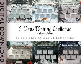 Peut inclure: Planificateur d'écriture de 7 jours imprimable sur le thème de l'hiver. Le planificateur présente une scène de forêt enneigée avec un renard, un cerf et un oiseau. Le texte "7 Days Writing Challenge - winter edition -" est en haut du planificateur.