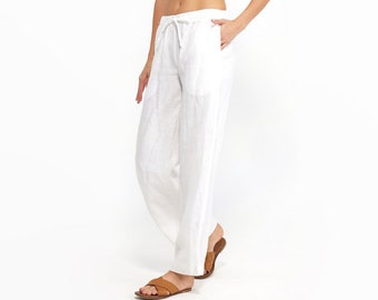 Pantalon en lin blanc | Pantalon en lin avec poches | Pantalons pour femmes | Pantalon taille basse | Pantalon en lin pour femme | Vêtements pour femmes | 100 % lin