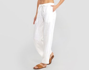 White Linen Pants | Linen Trousers with Pockets | Pants For Women | Low Waist Pants | Women's Linen Pants | Women's Clothing | %100 Linen