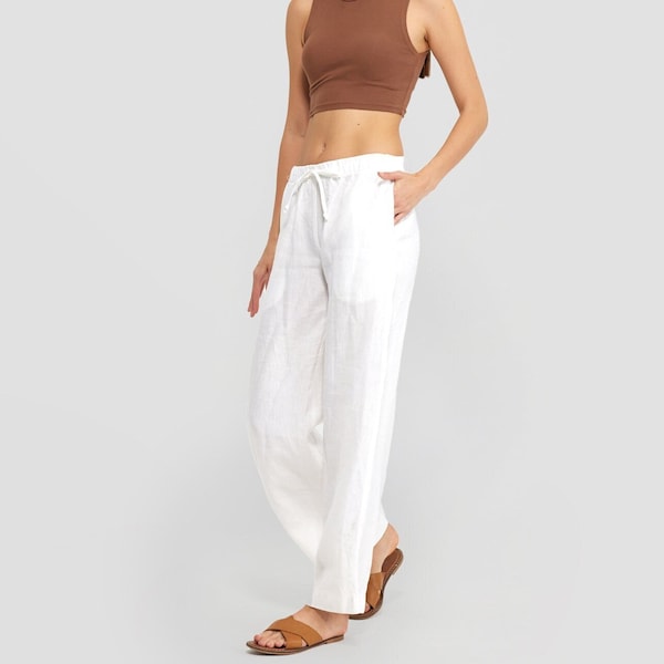 Pantalon en lin blanc | Pantalon en lin avec poches | Pantalons pour femmes | Pantalon taille basse | Pantalon en lin pour femme | Vêtements pour femmes | 100 % lin