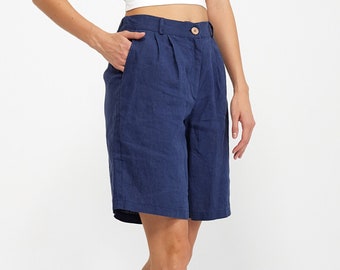 Blue Linen Shorts with Pockets | Button-Front Linen Shorts | %100 Pure Linen | Linen Shorts for Women | Women Clothing | Linen Clothing