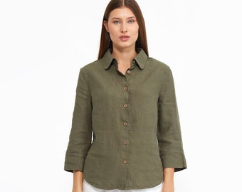 Women's Green Linen Shirt | Shirt For Women | 3/4 Sleeve Linen Shirt | Collared Shirt | Button Front Shirt | 100% linen | women's clothing