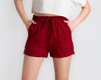 Burgundy linen shorts women | Linen mini shorts women | Pocket shorts | Waist tied linen shorts | 100% Pure linen | Women's linen shorts