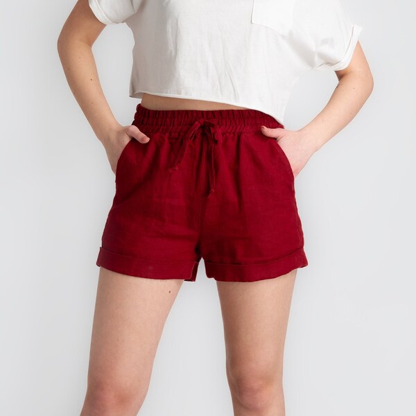 Burgundy linen shorts women | Linen mini shorts women | Pocket shorts | Waist tied linen shorts | 100% Pure linen | Women's linen shorts