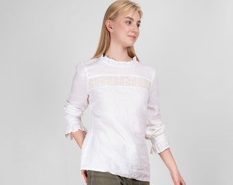 Camicetta di lino bianco / Camicetta di lino a maniche lunghe / Top di lino / Abbigliamento sciolto / Abbigliamento di lino / 100% lino / Abbigliamento da donna