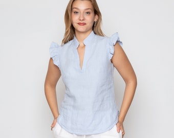 Blue Linen Blouse | Arm Decoration | Short Sleeve Linen Blouse | Women's Blouses | Linen Clothing | 100% linen | Women's clothing