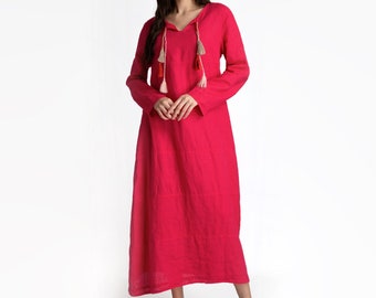 Robe en lin | Robe à cordons et à pampilles | élégante à manches longues | Robe longue en lin | Robe en lin pour femme | 100 % lin | vêtements pour femmes