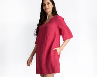 Mini Linen Dress | Mid-length Sleeve | V-neck | Linen Dress with Pockets | Cropped Linen Dress | Linen Dress for women | women's clothing