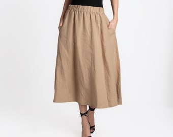 Elastic Belt Linen Skirt Women | Midi- Ballerina Length | Side Pockets Skirt | Low Waist Skirt | women's linen skirt | women's clothing