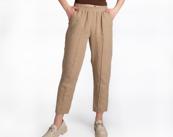 Linen Trousers | Linen Pants with Pockets | Short Leg | High Waist Elastic Trousers | women's linen trousers | 100%  linen |women's clothing