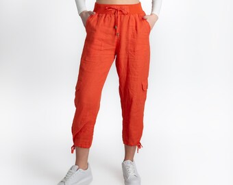 Leinen-Capri für Damen | Hose mit elastischem Bund | Hosen für Damen | Leinenhose mit Cargotasche | Damenbekleidung | Leinenhose für Damen