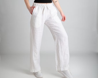 Mother's Day Gifts | White Linen Pants | Pants For Women | Linen Trousers with Pockets |  Low Waist Pants | Women's Linen Pants | %100 Linen