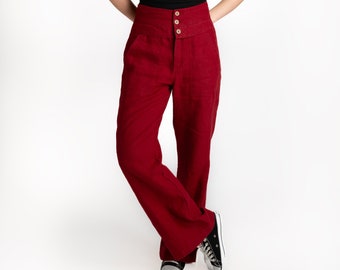 Pantalon en lin | Pantalon en lin avec poches | Pantalon en lin bordeaux | Pantalon taille haute boutonnée | pantalon en lin femme | 100 % lin|vêtements pour femmes