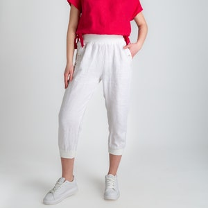 White Linen Pants Linen Trousers with Pockets Women's Pants Short Leg Pants Women's linen trousers 100% linen women's clothing image 1