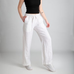 White Linen Pants Pants For Women Linen Trousers with Pockets Low Waist Pants Women's Linen Pants Women's Clothing %100 Linen image 1