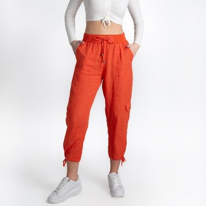 Linen capri for women | elastic waist pants | pants for women | cargo pocket linen pants | women's clothing | women's linen pants