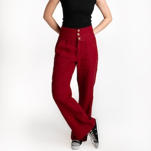 Linen Pants | Linen Trousers with Pockets | Burgundy Linen Pants | High Button Waist Pants | women linen pants |100% linen|women's clothing