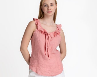 Ruffled Linen Blouse | Bow Wide Neck Linen Tops | Sleeveless Linen Blouse | Linen Tops | Women's Blouses | 100% linen | women's clothing