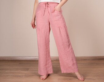 Pink Linen Pants | Women's Linen Pants | Elastic Waist Pants | Pants For Women | Linen Trousers with Pockets | Women's clothing | %100 Linen