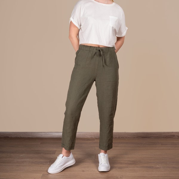 Pantalones de lino recortados / Pantalones de lino con bolsillos / Pantalones de cintura alta / pantalones de lino de mujer / 100% lino / ropa de mujer