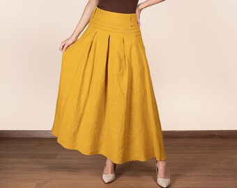 Yellow Linen Maxi Skirt | Ribbed Belt | Linen skirt with pockets | Side Zipper | Skirt For Women | women's linen skirt | women's clothing