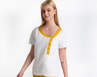 Linen Blouse | White Yellow Striped | V Neck Blouse | Short Sleeve | Blouses For Women | Linen Tops | 100% linen | women's clothing