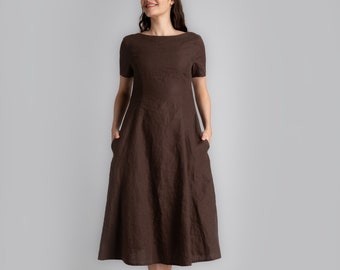 Vestido de lino marrón / vestido de lino con bolsillos / vestido de lino recortado / vestido maxi de lino / vestido de lino para mujer / 100% lino / ropa de mujer