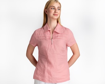 Camicetta di lino rosa / Collo con colletto / Camicetta di lino a maniche corte / Top di lino / Abbigliamento sciolto / Abbigliamento di lino / 100% lino / Abbigliamento da donna