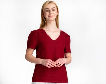 Burgundy Linen Blouse | V Neck Top | Short Sleeve Blouse | Linen Blouse Top | Linen Tops | Blouses For Women | 100% linen | women's clothing