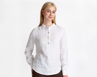 Witte linnen blouse | Linnen tops met V-hals en knopen | Linnen blouse met lange mouwen | Linnen topjes | Damesblouses | 100% linnen | vrouwenkleding