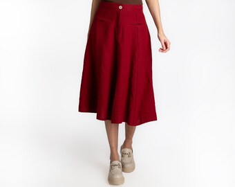 Linnen midi rok | Rok voor dames | Linnen rok met zakken | Bordeaux rok | Linnen rok | linnen damesrok |dameskleding