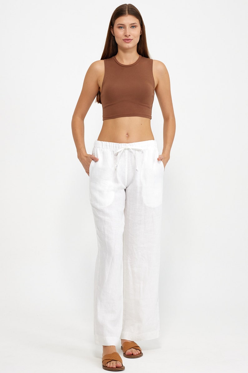 Pantalon en lin blanc Pantalon en lin avec poches Pantalons pour femmes Pantalon taille basse Pantalon en lin pour femme Vêtements pour femmes 100 % lin image 2