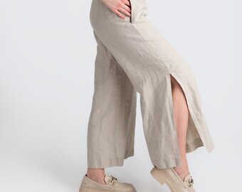 Slit linen pants women | elastic wiast pants |  pockets pants for women | women's linen pants | relaxed fit linen pants women