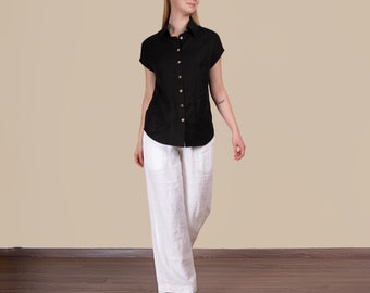 Black Linen Shirt | Short Sleeve Linen Shirt | Oversize Linen Shirt | Collared Shirt | Button Front Shirt | 100% linen | women's clothing