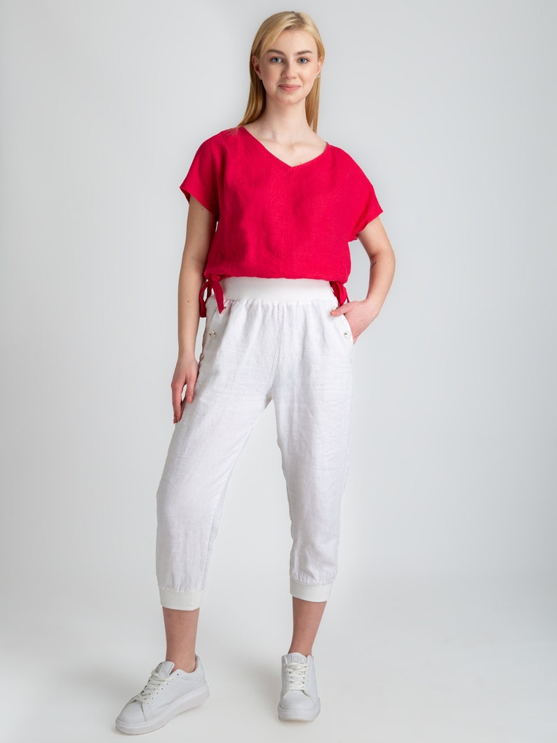 White Linen Pants Linen Trousers with Pockets Women's Pants Short Leg Pants Women's linen trousers 100% linen women's clothing image 1