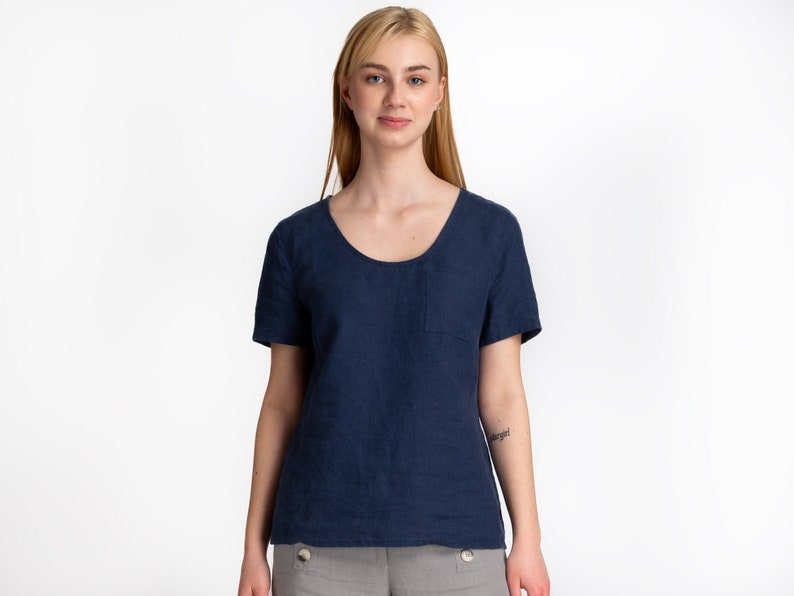Women's Linen Blouse Short Sleeve Linen Blouse Linen Tops Loose Clothing Navy Color Linen Clothing 100% linen Women's clothing image 1