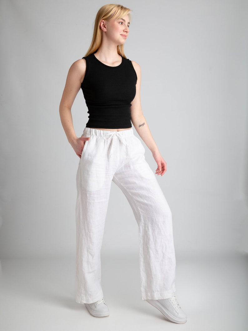 White Linen Pants Pants For Women Linen Trousers with Pockets Low Waist Pants Women's Linen Pants Women's Clothing %100 Linen image 1