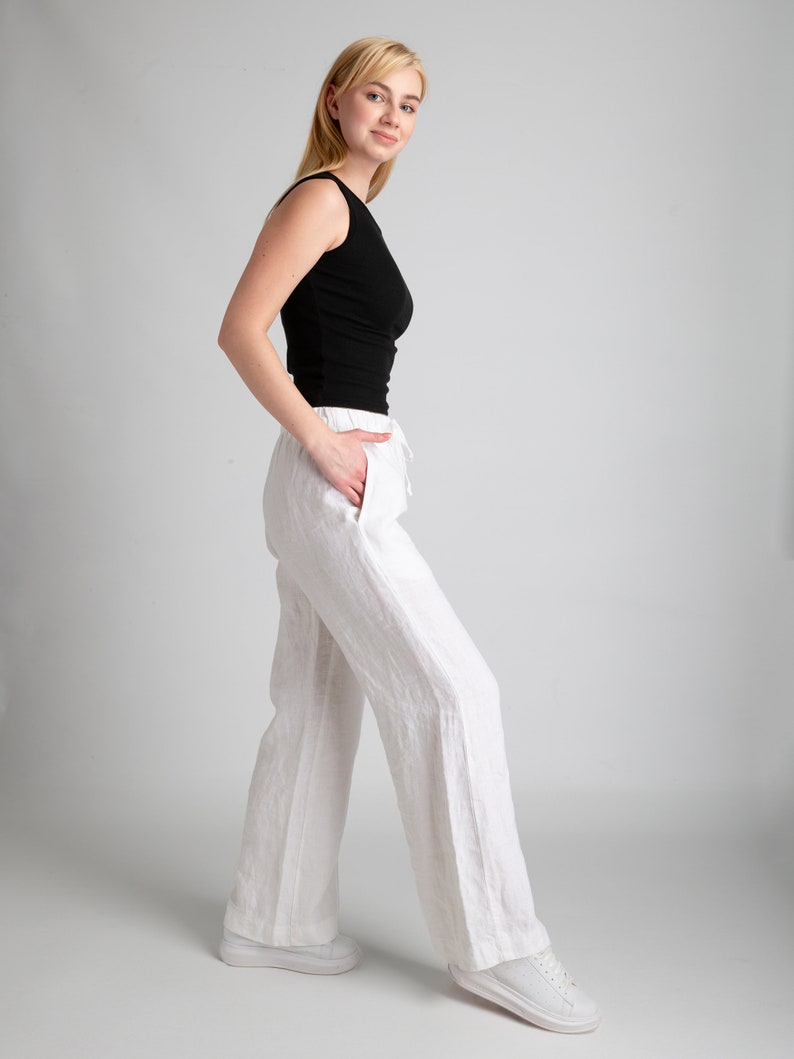 White Linen Pants Pants For Women Linen Trousers with Pockets Low Waist Pants Women's Linen Pants Women's Clothing %100 Linen image 6
