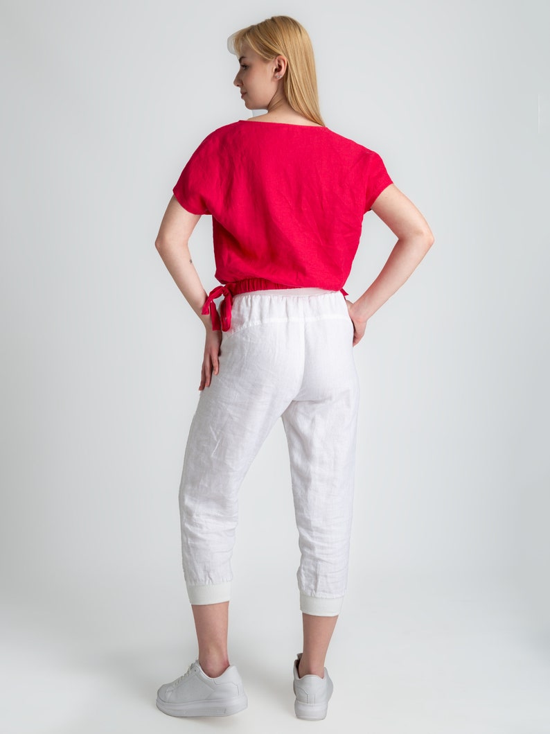 White Linen Pants Linen Trousers with Pockets Women's Pants Short Leg Pants Women's linen trousers 100% linen women's clothing image 4