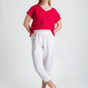 White Linen Pants Linen Trousers with Pockets Women's Pants Short Leg Pants Women's linen trousers 100% linen women's clothing image 8