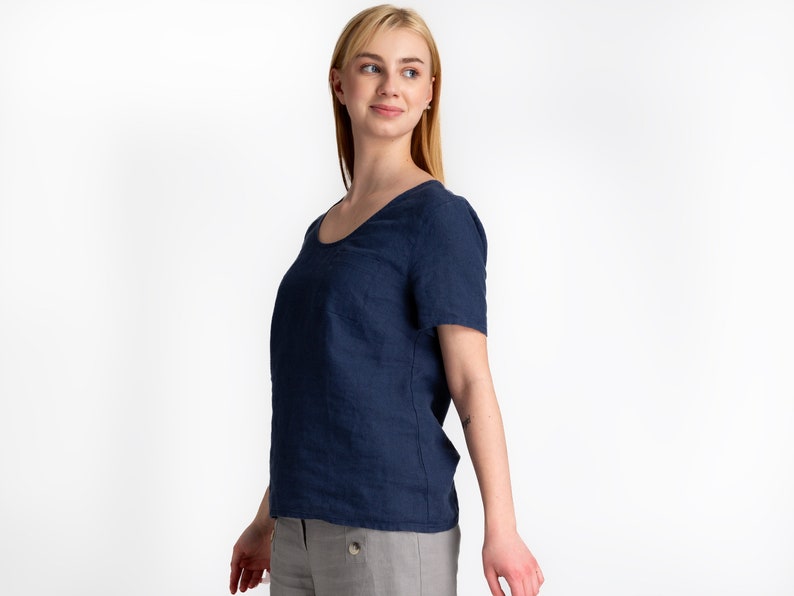 Women's Linen Blouse Short Sleeve Linen Blouse Linen Tops Loose Clothing Navy Color Linen Clothing 100% linen Women's clothing image 6