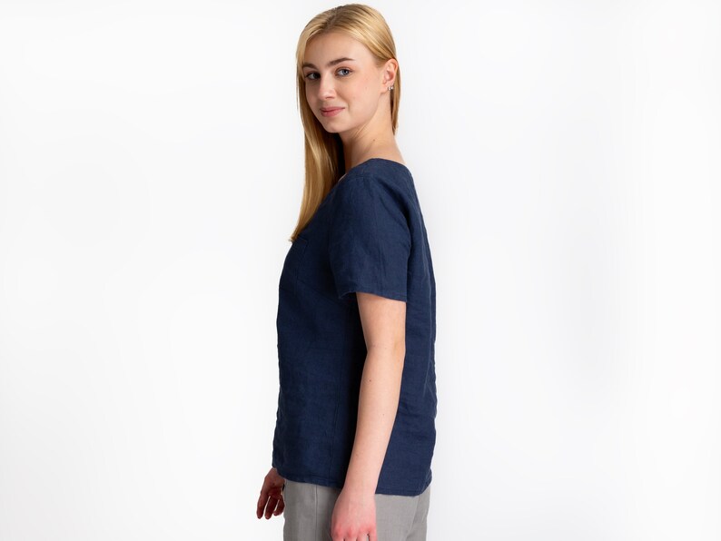 Women's Linen Blouse Short Sleeve Linen Blouse Linen Tops Loose Clothing Navy Color Linen Clothing 100% linen Women's clothing image 8
