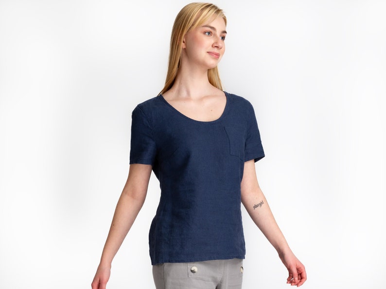 Women's Linen Blouse Short Sleeve Linen Blouse Linen Tops Loose Clothing Navy Color Linen Clothing 100% linen Women's clothing image 2