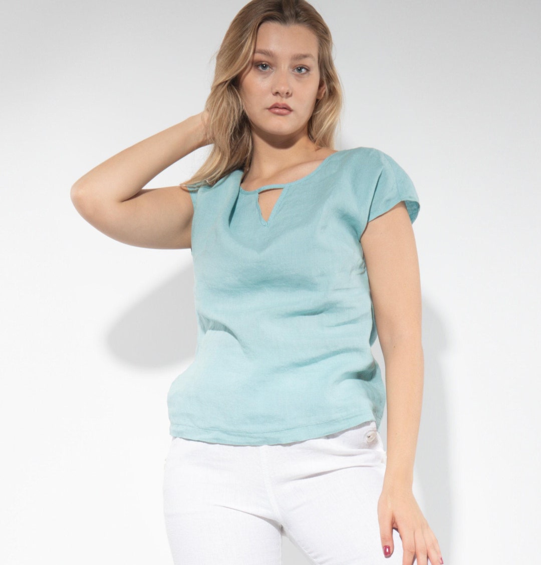 Women's Cotton Linen Lace-Up V-Neck Blouse