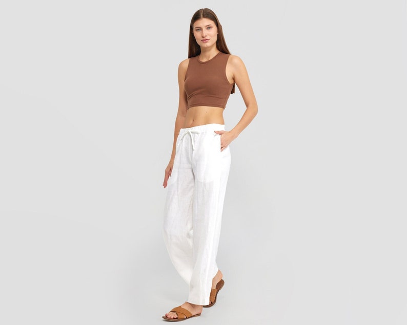 Pantalon en lin blanc Pantalon en lin avec poches Pantalons pour femmes Pantalon taille basse Pantalon en lin pour femme Vêtements pour femmes 100 % lin image 1