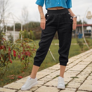 White Linen Pants Linen Trousers with Pockets Women's Pants Short Leg Pants Women's linen trousers 100% linen women's clothing image 5