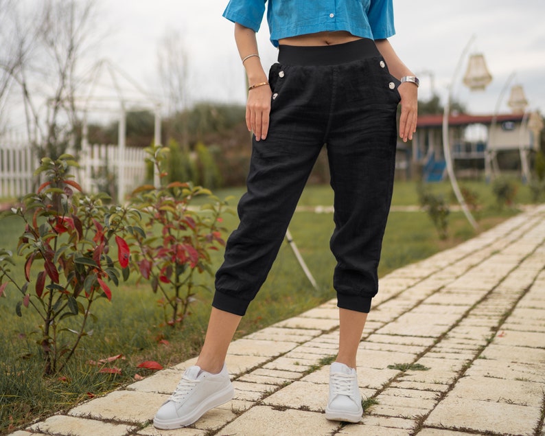 White Linen Pants Linen Trousers with Pockets Women's Pants Short Leg Pants Women's linen trousers 100% linen women's clothing image 5