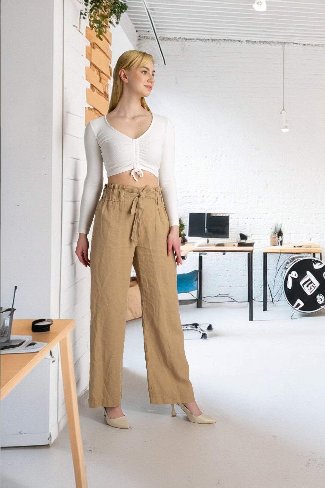 High Waist Linen Wide Leg Pants