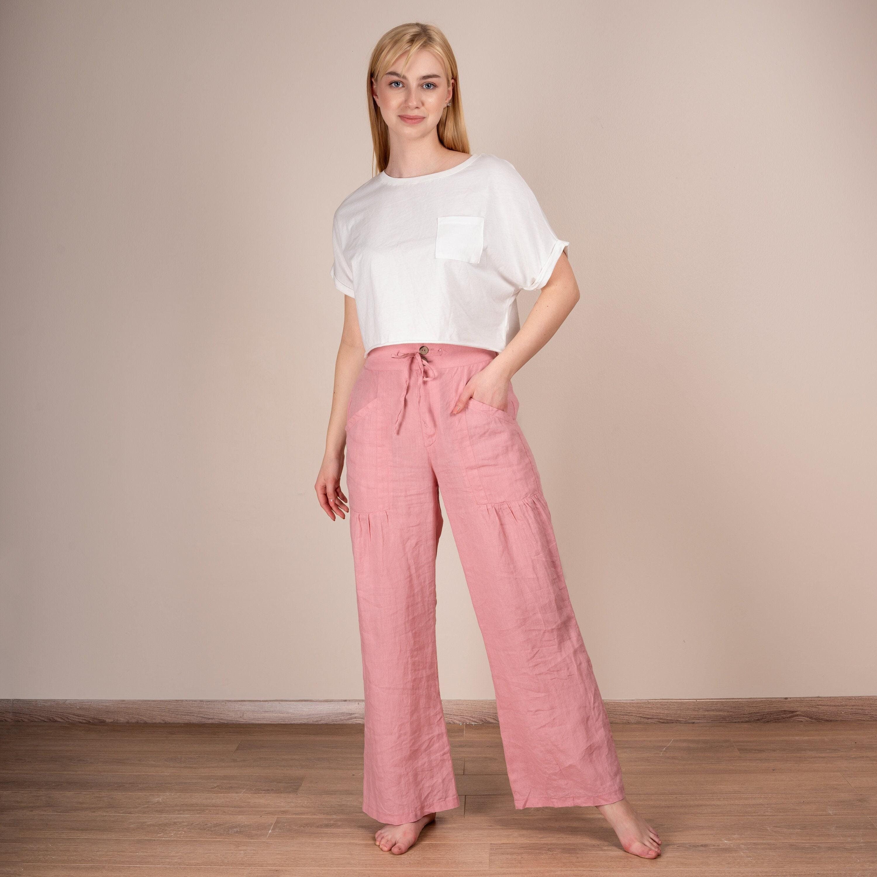 Women's Linen Pink Pants | Linen Pants Women | Wide Leg